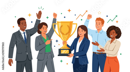Diverse team celebrates winning a golden trophy, achieving success and teamwork in business