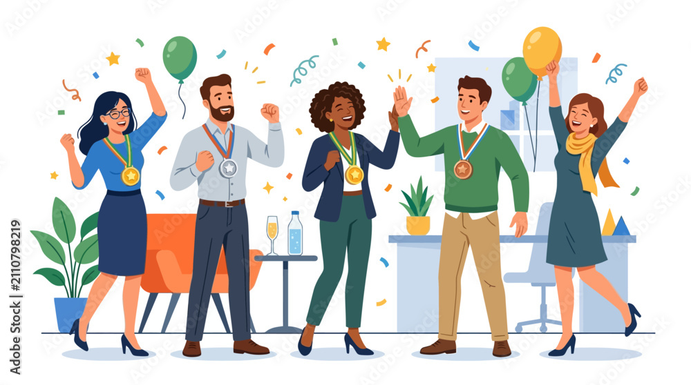 Obraz premium Diverse team celebrates winning medals and success in office workplace