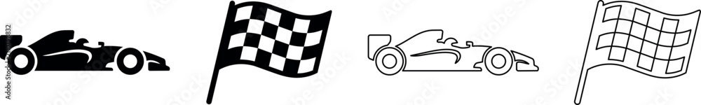 Obraz premium Formula 1 racing car and checkered flag icons for motorsport competition