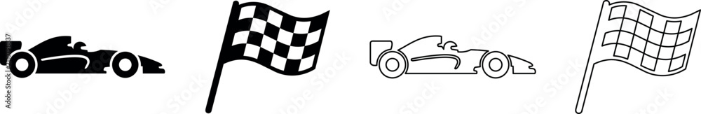 Obraz premium Set of racing car and checkered flag icons for motorsport and speed events
