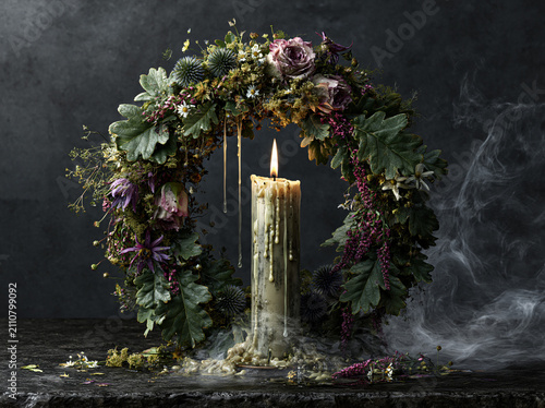 Lit Candle Surrounded by Floral Wreath with Smoke on Dark Background