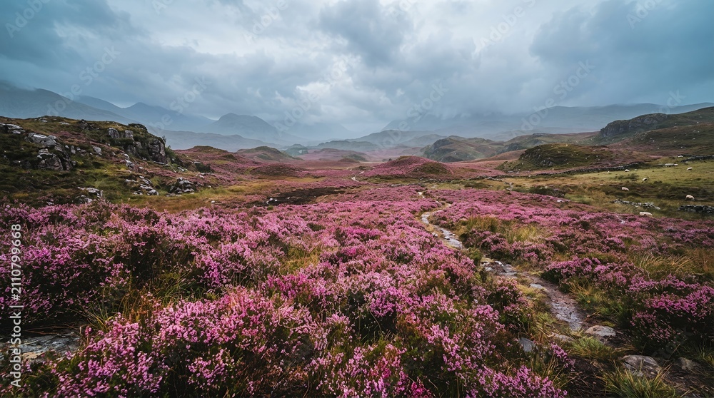 Fototapeta premium Vast Heather Moorland Under Dramatic Cloudy Sky.
