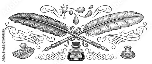 Bild auf Leinwand Vintage Quill Pens Inkwell and Ink Splashes Illustration