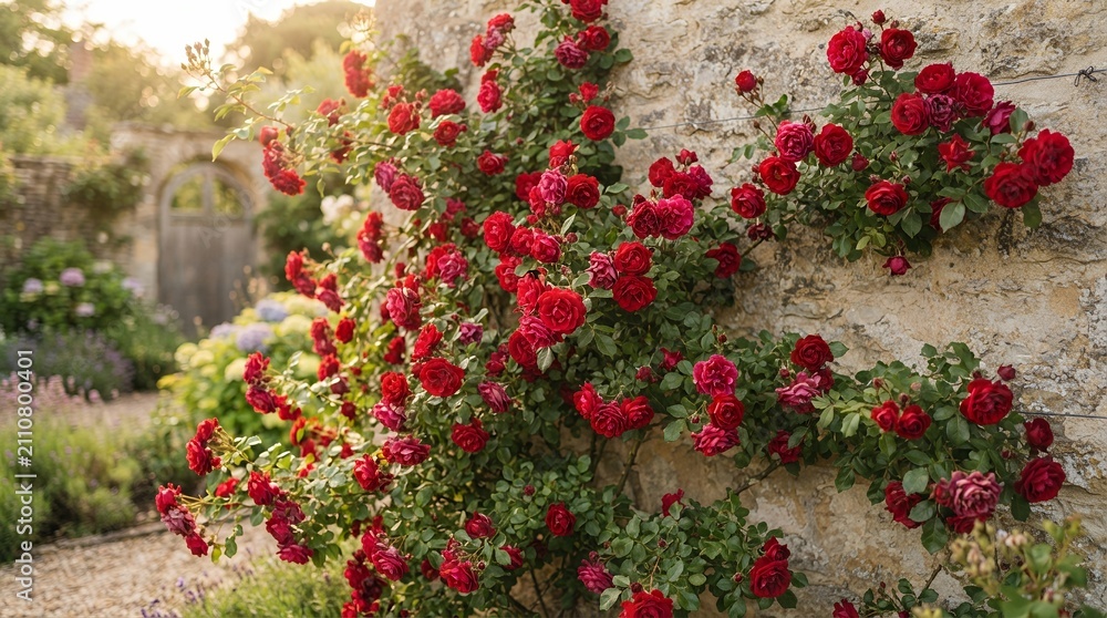Naklejka premium Vibrant Red Roses Climbing a Textured Stone Wall in a Sunlit Garden.