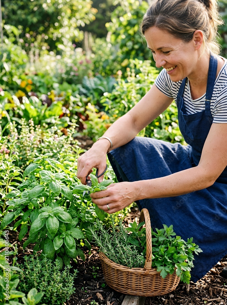 Fototapeta premium Woman harvesting fresh herbs in a sunny garden.