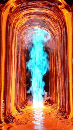 Abstract tunnel of golden light with a vibrant blue flame center
