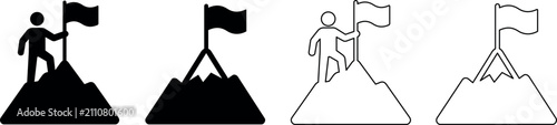 Foto Person standing on mountain peak holding flag, representing achievement and succ