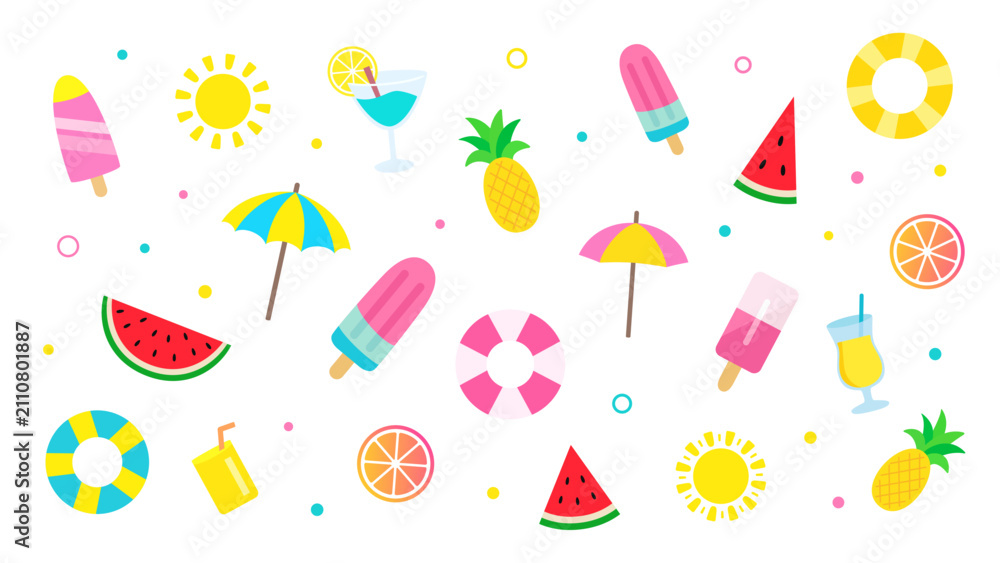 Obraz premium Pop Cute Summer Icon Set on White Background Vector Illustration