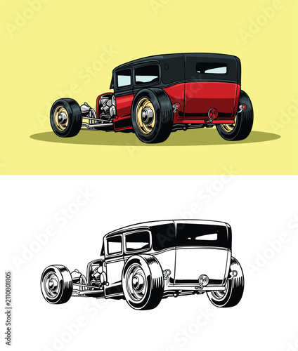 Cuadro en lienzo vintage hot rod cars featuring colored and monochrome line art versions