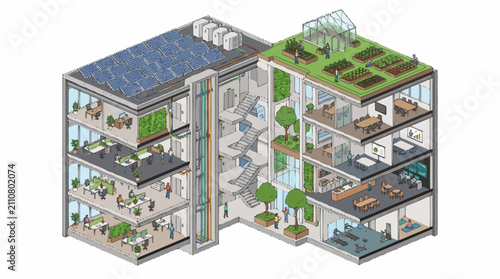 Modern Eco Friendly Apartment Building Cross Section View.