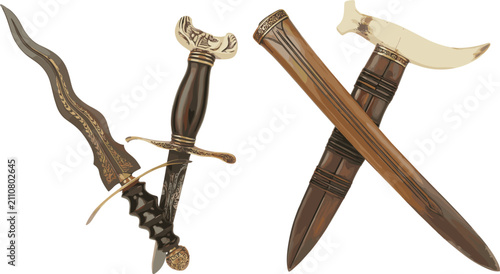 Foto Traditional indonesian kris dagger weapon vector set, wavy blade keris knife wit