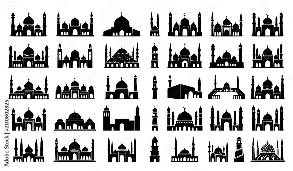 Fototapeta premium Mosque Silhouette Icon Set with Black Islamic Architecture, Dome, and Minaret Symbols for Religious Designs