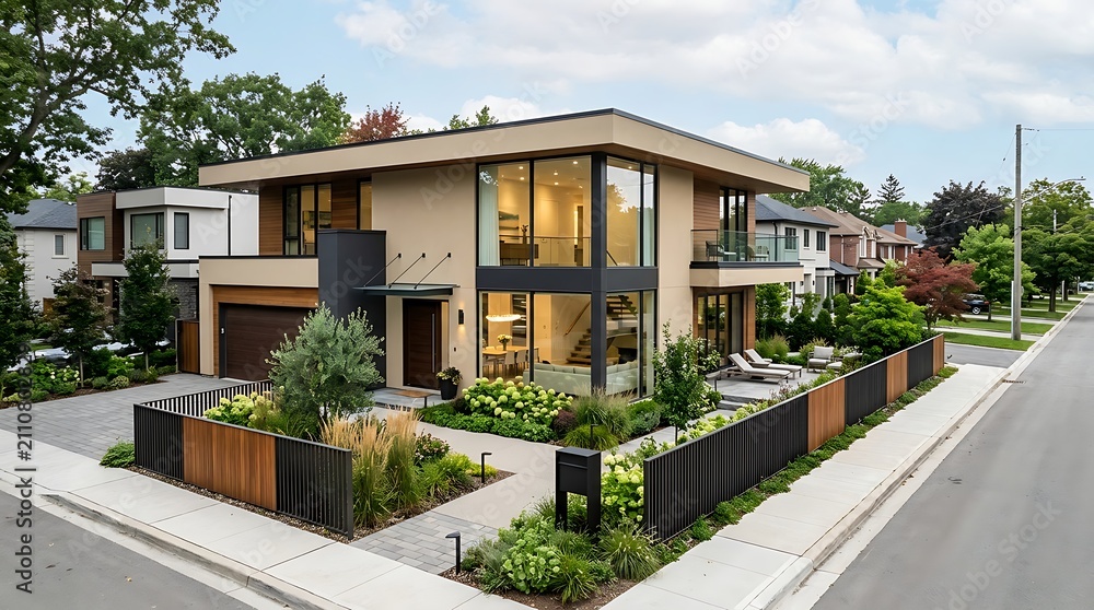 Fototapeta premium Modern luxury twostory house with contemporary architectural design and landscaped front yard