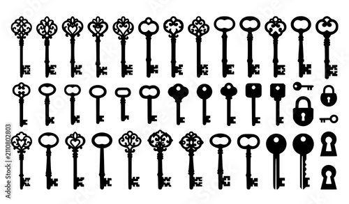 Vintage Key Silhouette Icon Set with Ornate Antique Lock Symbols for Decorative and Security Designs