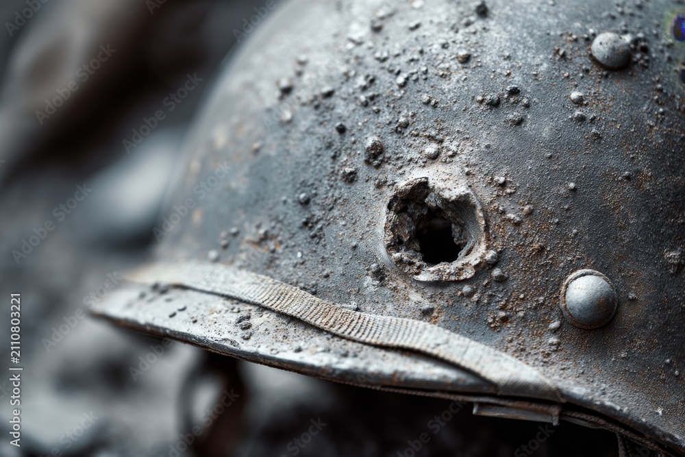 Obraz premium Close-up view of a weathered military helmet showcasing battle wear and history with detailed texture and unique markings. A symbol of resilience and courage. Generative AI