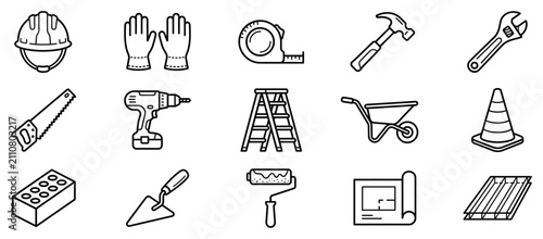 Construction tool icons set. Building and renovation equipment concept. Includes safety helmet, gloves, tape measure, hammer, wrench, saw, drill, ladder, wheelbarrow, cone, brick, trowel,