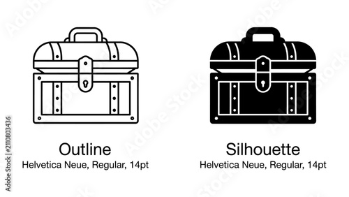 Treasure Chest Icons: A set of two stylized treasure chest icons, one in outline and one in silhouette, representing graphic design elements for adventure or wealth