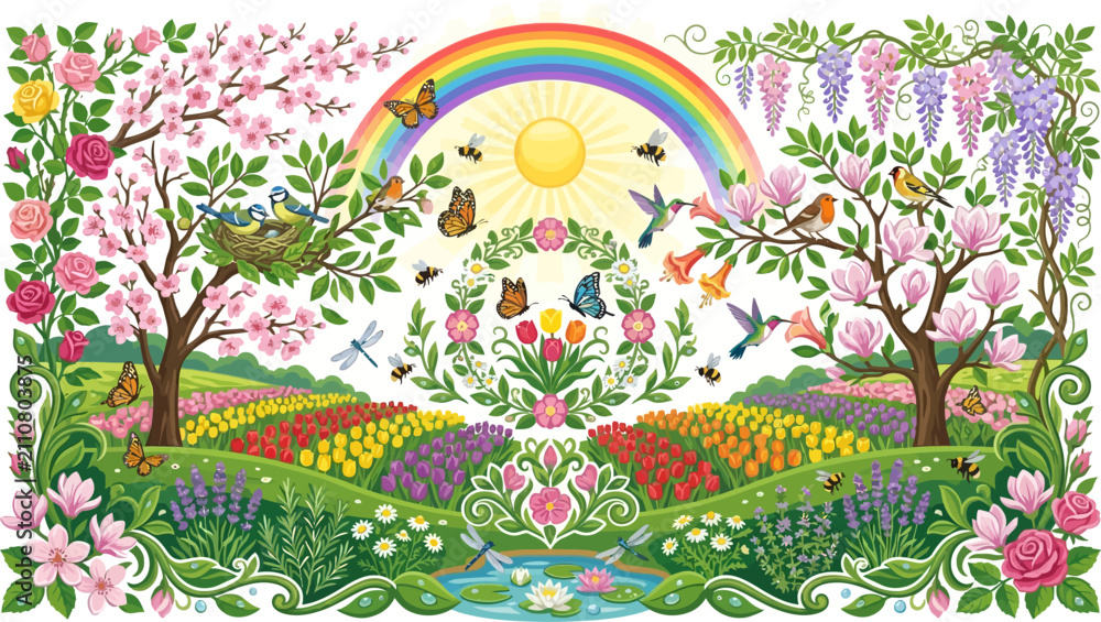 Obraz premium Spring landscape scenery features a vibrant rainbow over a lush garden filled with blooming tulips, nesting birds, and fluttering butterflies under a bright sun.
