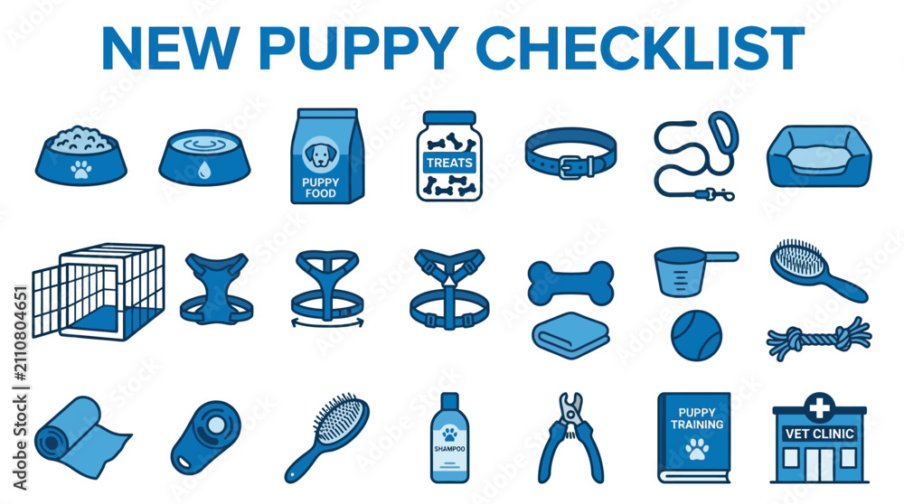 Fototapeta premium New puppy checklist icon set showing essential care, training, and grooming items in blue minimalist style 