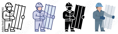 Construction worker icons set. Building and renovation concept. Includes worker with hard hat, protective gloves, uniform, holding metal sheet. Flat, line, and solid styles