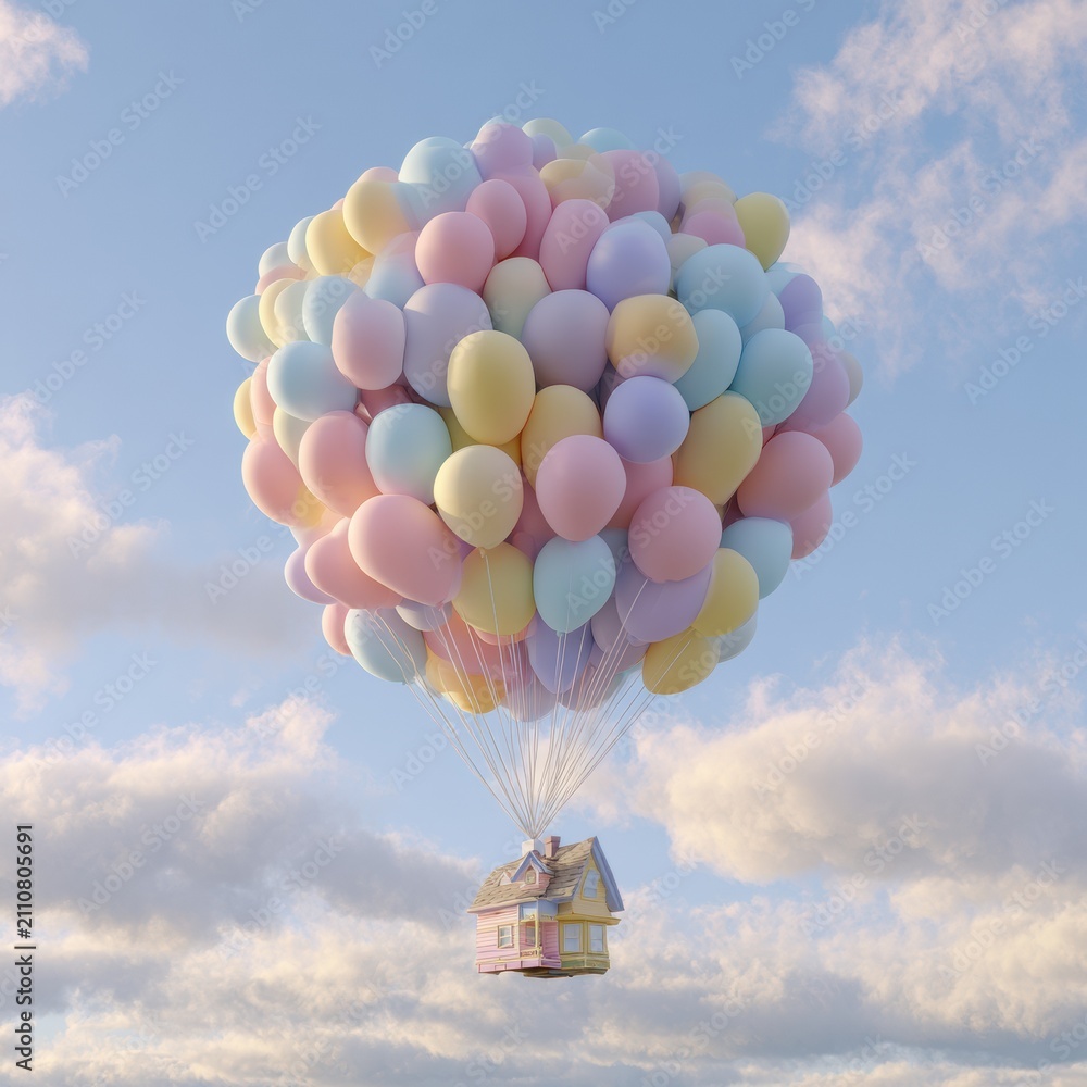 Fototapeta premium A soft clay house hovers in the sky, supported by colorful pastel balloons, creating a playful scene during daylight hours.