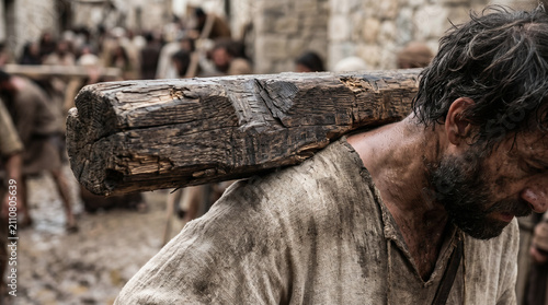 The prophet Jeremiah walking through the crowded streets of Jerusalem wearing a heavy wooden ox yoke around his neck as a dire warning