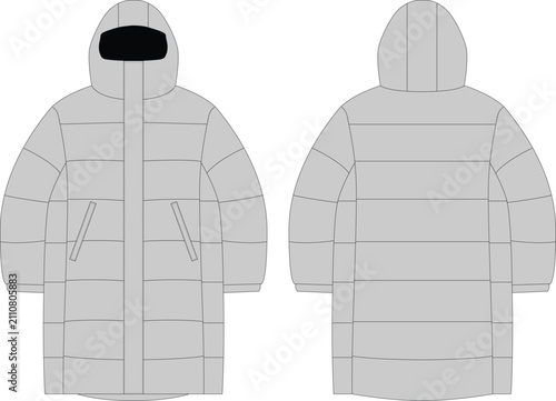Padded hooded jacket technical drawing front and back views