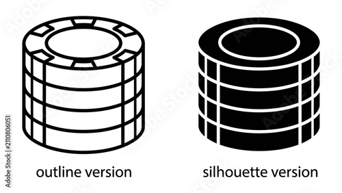 Stack of Chips, Outline and Silhouette: Two stylized stacks of casino chips, one in an outline style and the other a solid silhouette, represent gambling and gaming.