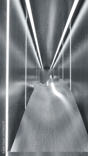 Modern abstract hallway with metallic textures and glowing lights