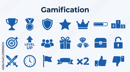 Fotografie Gamification icon set showing rewards, progress, and achievement symbols in blue