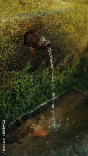 Natural spring water flowing from mossy stone fountain