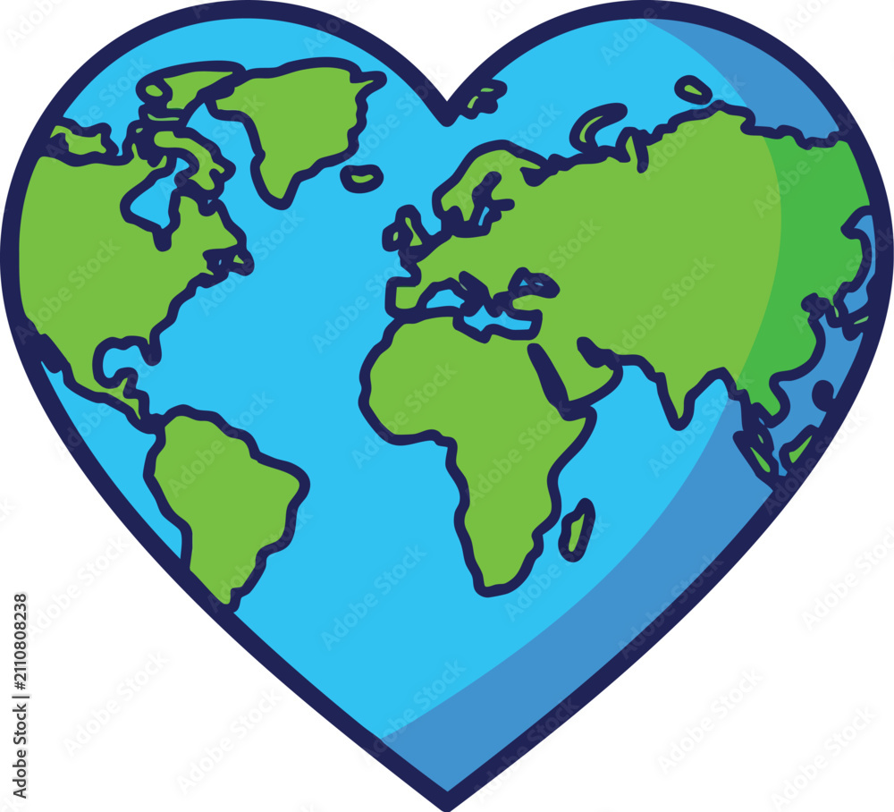 Obraz premium World in Heart Shape: A stylized illustration depicting the Earth as a heart, symbolizing love and care for our planet, with continents in green against a blue ocean backdrop.