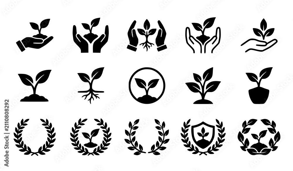 Fototapeta premium Black Eco Nature Growth Leaf Plant and Environmental Protection Logo Icon Collection for Branding Design