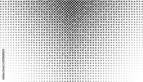 Black cross shape halftone pattern with a vertical gradient effect on a white background, for texture and, abstract visual