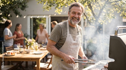 Middle aged man with beard grilling meat at backyard barbecue social gathering