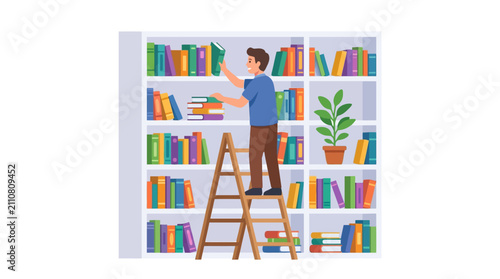 Male librarian organizing colorful books on high bookshelf while standing on ladder flat vector illustration