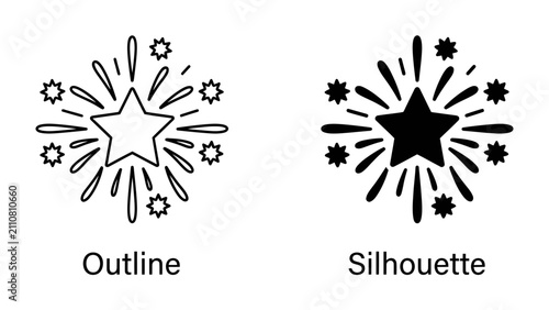 Starburst Icon: A graphic resource featuring two starburst designs, one in outline and one in silhouette, perfect for adding a dynamic and celebratory element to designs.