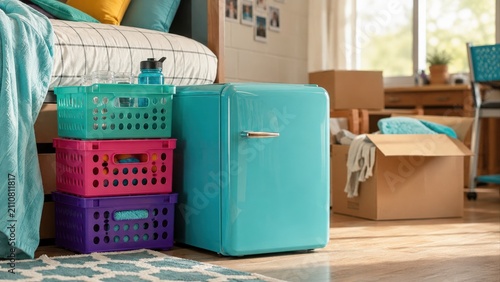 Turquoise Mini Fridge and Storage Crates in Dorm Room