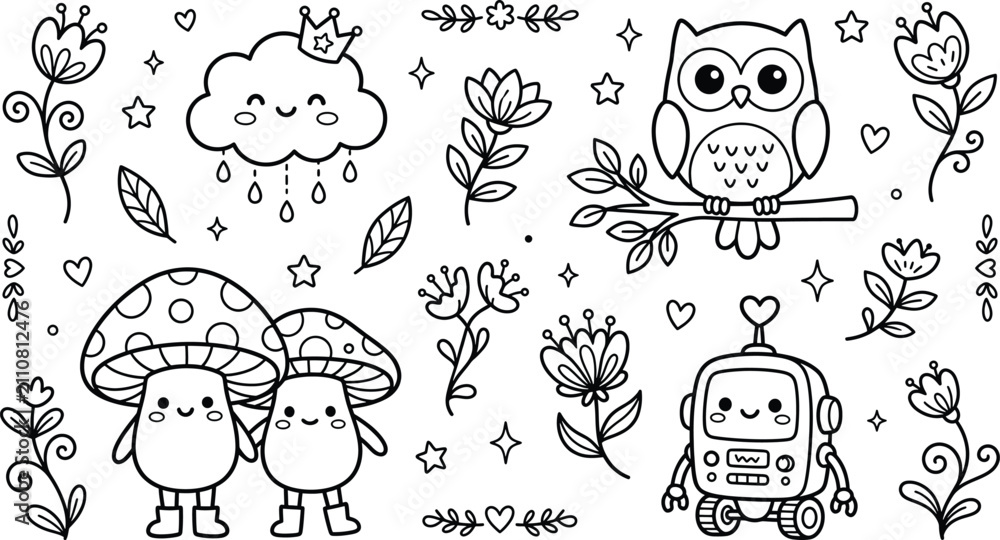 Fototapeta premium Vector illustration of cute nature friends coloring page for kids with owl mushrooms cloud and flowers coloring mushroom character illustration activity children educational printable