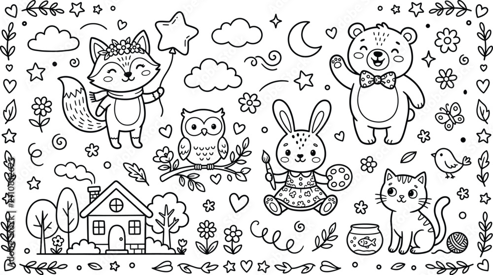 Fototapeta premium Vector illustration of cute woodland animals and characters coloring page with fox owl rabbit and bear coloring children creatures woodland painting elements collection whimsical friendship