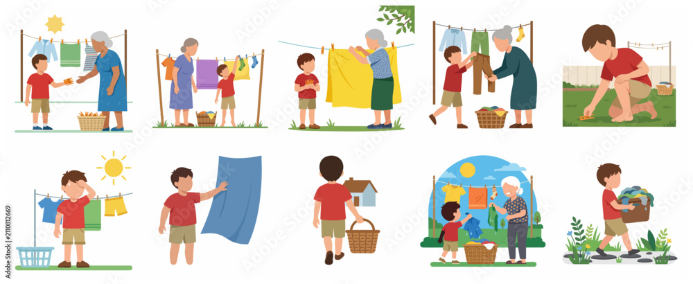 Fototapeta premium Grandson Helping Grandmother with Laundry and Outdoor Housework Illustration Set