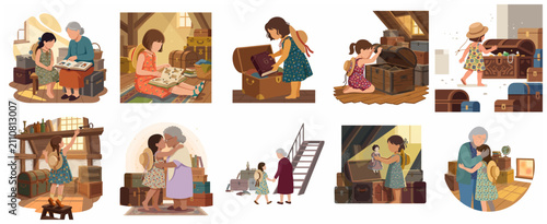 Photos Grandmother and granddaughter exploring nostalgic attic memories illustration se