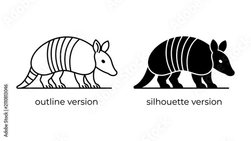 Foto Armadillo Outline and Silhouette: A comparison of two stylized armadillo illustrations, one in outline form and the other as a solid silhouette, showcasing the unique armored mammal