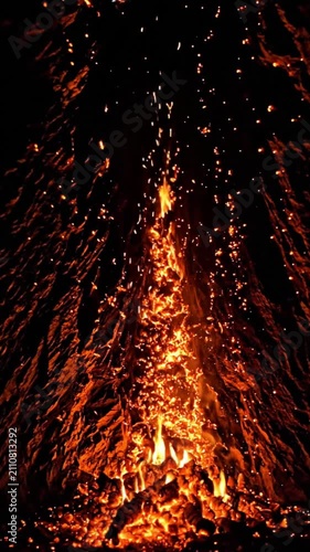 Glowing Embers and Rising Sparks in a Dark Fireplace