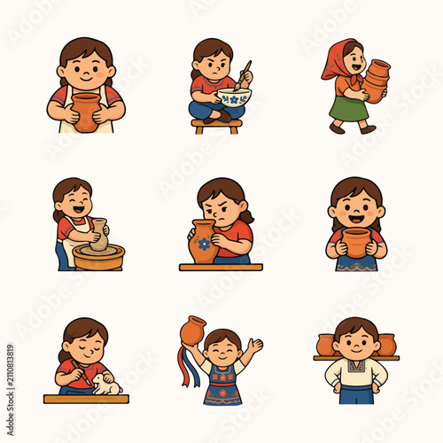 Hungary Festival of Folk Arts Pottery Cute Flat Sticker Character Vector Icon Set
