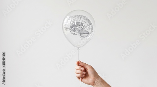 Conceptual image of a human brain floating inside a transparent balloon held by a hand, representing ideas, creativity, and mental wellness