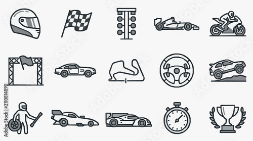 Sleek Black and White Racing and Motorsport Icon Set Featuring Helmets Flags Cars Motorcycles Trophies and Timers