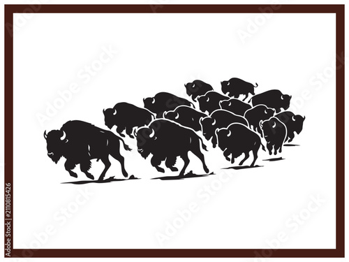 Wild American Bison Herd Running Across Prairie Black Graphic Art