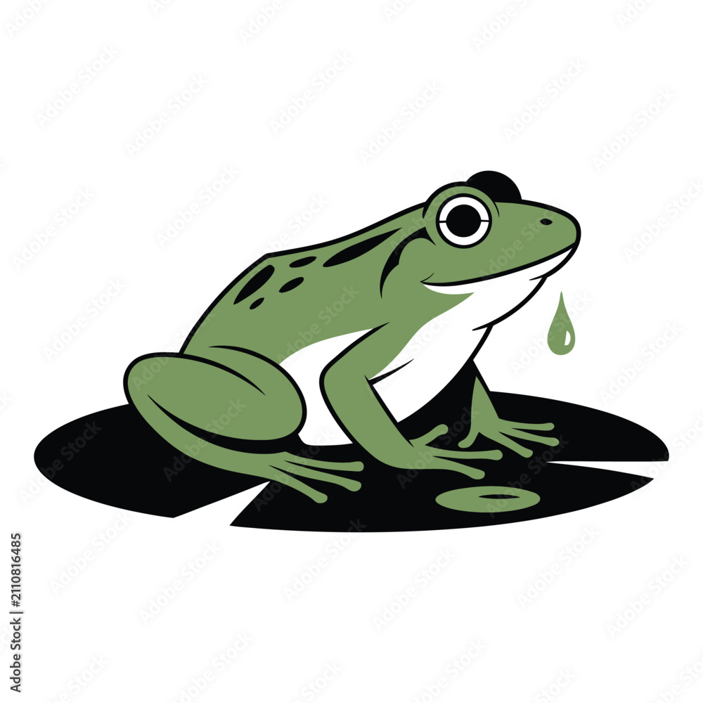 Obraz premium Green frog sitting on a black lily pad with a single water droplet falling from its mouth toad
