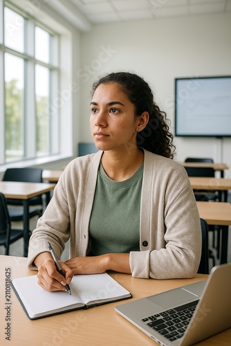 Focused Latin American Female Student in Modern Classroom